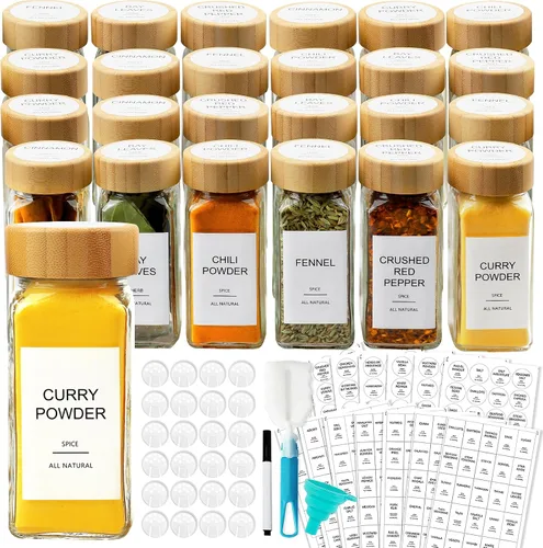 Vista 8 de AISIPRIN - 24 frascos de vidrio para especias con 398 etiquetas, frascos redondos de 118 ml para condimentos con tapas herméticas de bambú, juego