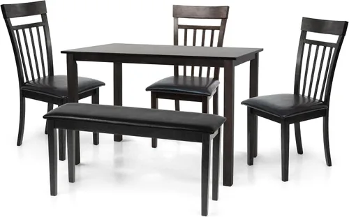 Vista 2 de Juego de mesa rectangular de 5 piezas, 3 sillas cálidas y 1 banco, madera maciza de estilo clásico, color espresso con tela sintética de cuero