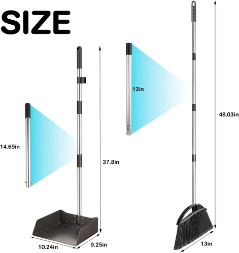 Vista 2 de Yangbaga Juego de recogedor y escoba de mango largo para el hogar, recogedores y escobas de metal resistente, diseño de pie vertical, escoba