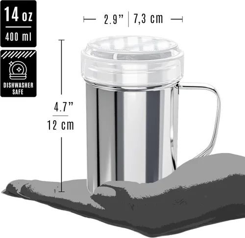 Vista 5 de CUSINIUM Shaker de azúcar en polvo de 14 onzas con asa, malla fina, con tapa de plástico, paquete de 2