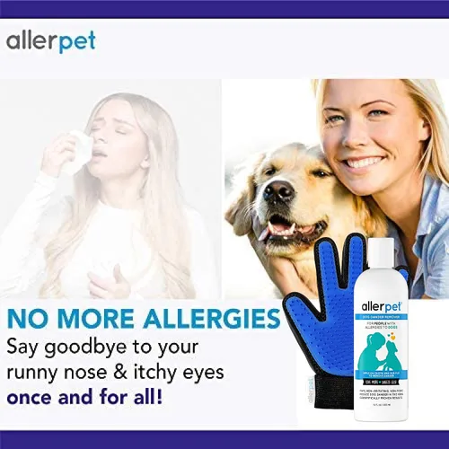 Vista 4 de Allerpet Alivio de alergias para perros con par de guantes de aseo gratis – El mejor removedor de caspa de mascotas para alérgenos