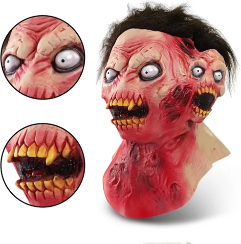 Vista 3 de Pigmiss Máscara de zombi aterradora de cabeza completa de látex realista de demonio, máscara divertida de doble cabeza espeluznante de boca abierta