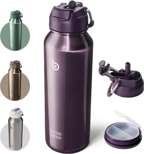 Vista 8 de Botella Botella Botella de agua deportiva de 40 oz de acero inoxidable, botella de agua aislada con popote y porta pastillas Aurora Verde azulado