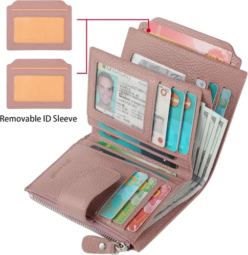 Vista 2 de Lavemi Pequeña cartera compacta para mujer, con bloqueo RFID, de piel auténtica, plegable, con ventanas de identificación