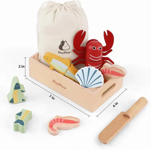 Vista 4 de PairPear - Juego de mariscos de madera para cortar alimentos para niños Toddlers Wooden Toy Food Pretend Play Kitchen Accessories, Cutting Food