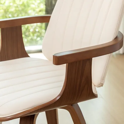Vista 8 de WUPOTO Juego de 1 silla de comedor giratoria, silla de comedor moderna de mediados de siglo con artesanía de nogal, piel sintética tapizada, brazos