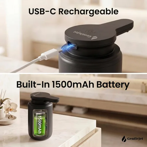 Vista 6 de GentleJet SimpleFoam - Dispensador automático de jabón espumoso, sensor sin contacto, recargable USB-C, IPX5 impermeable, doble salida