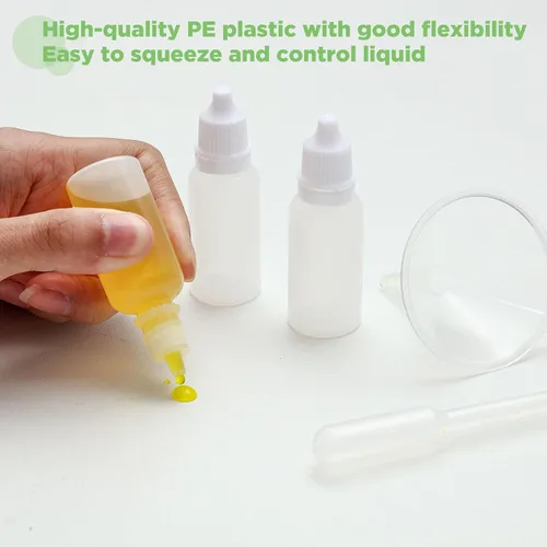 Vista 4 de Uiifan 12 botellas de plástico con cuentagotas de 0.3 fl oz, botella vacía con gotero para ojos, pequeños recipientes de líquido exprimibles