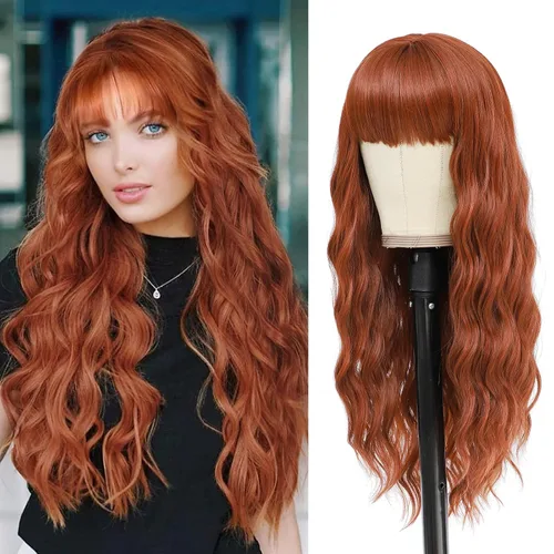 Vista 8 de VERNA - Peluca rubia con flequillo, peluca sintética de aspecto natural, rizada, ondulada de 26 pulgadas, resistente al calor, estilo de parte media