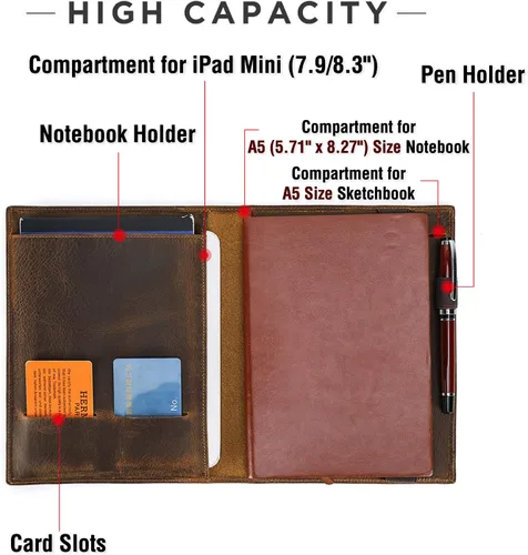 Vista 4 de Top Grain Leather - Padfolio de 8.3 pulgadas para hombres y mujeres, diseño vintage hecho a mano, organizador multifuncional de cartera de negocios