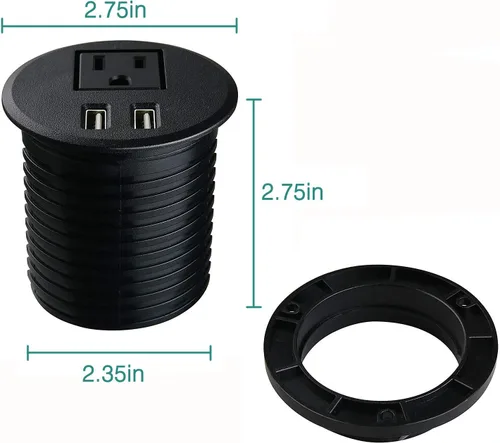 Vista 3 de Ojal de alimentación de escritorio de 2 3/8 pulgadas con orificios de mesa con 2 puertos de carga USB, cable de extensión de 6.5 pies con 1 toma