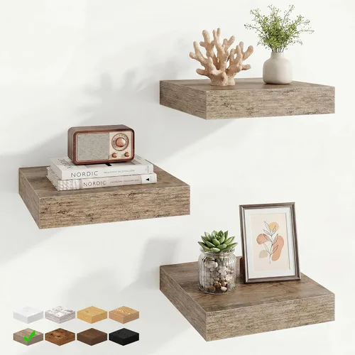 Vista 38 de Marsmiles 12in Depth Floating Shelves, 12x12x1.4, Rustic Brown, Set of 3 Marrón rústico