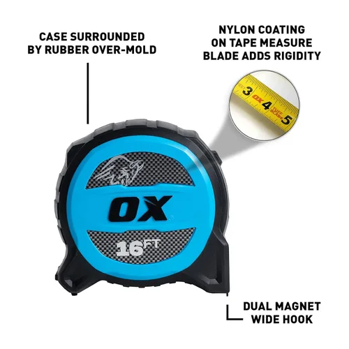 Vista 10 de OX Tools Tuff Blade - Cinta métrica magnética de construcción a prueba de golpes con doble gancho magnético - Hoja de 1 1/4 pulgadas de ancho