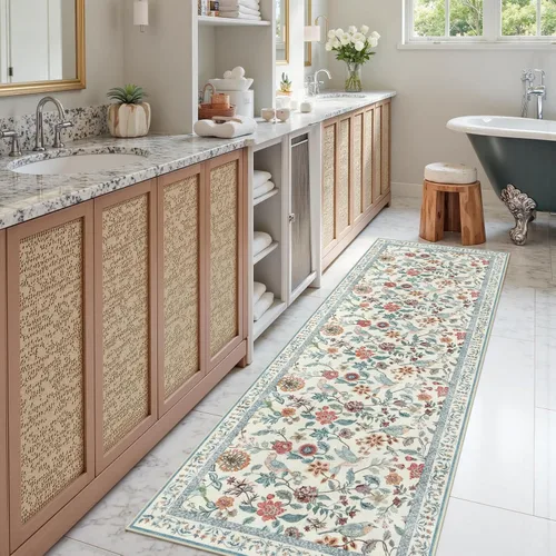 Vista 5 de Rugalia Alfombra de pasillo floral azul, alfombra lavable de 2 x 6 pies para pasillos, antideslizante, suave, de pelo bajo, con flores, pájaros, Rosa