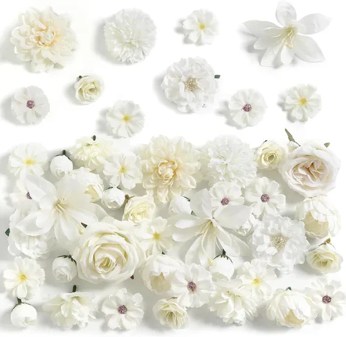 Vista 14 de rongflower Cabezas de flores falsas para manualidades, rosas artificiales de seda negra, peonías, margaritas y cabezas florales (paquete de 48)