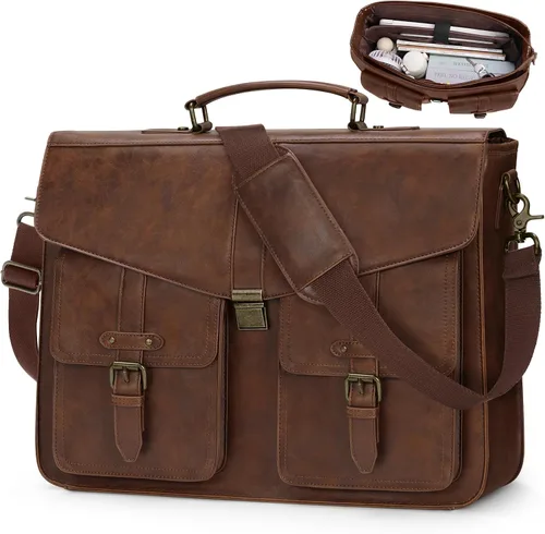 Vista 8 de RAINSMORE Bolsa de mensajero para hombre de 17 pulgadas, maletín para computadora portátil, impermeable, de cuero, para trabajo, oficina, viajes