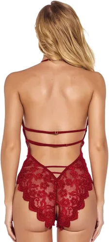 Vista 4 de Lencería sexy sin espalda para mujer, cuello en V profundo, body de encaje babydoll ropa interior ropa de noche