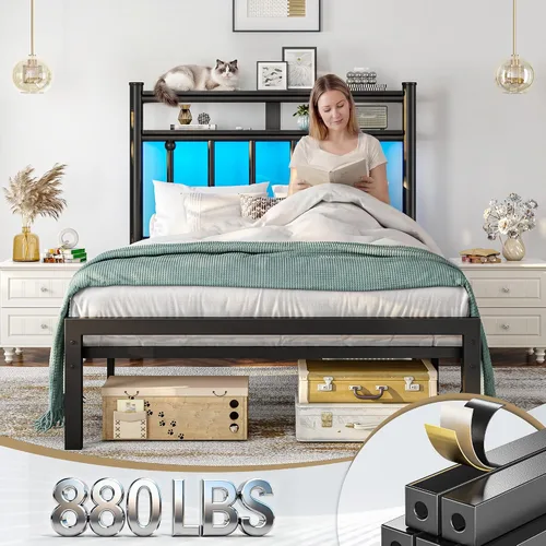 Vista 6 de Homkdom Base de cama de metal de tamaño individual con luces LED inteligentes y cabecera de almacenamiento de 2 niveles, base de colchón resistente
