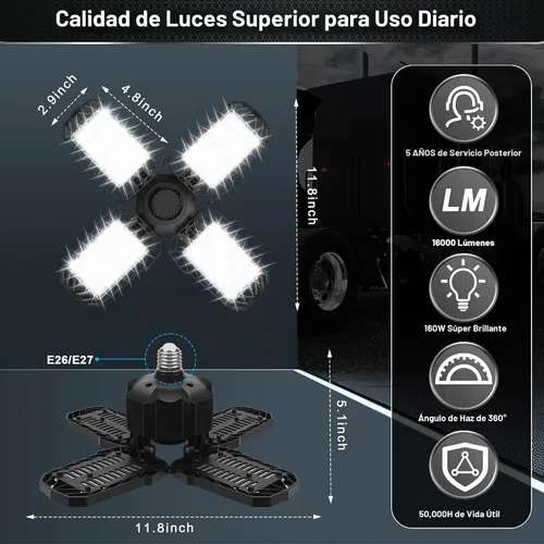 Vista 4 de Paquete de 2 luces LED para garaje, 150W 15000LM 6500K luces LED para taller, luces de garaje de techo LED con 4 paneles deformables, rosca