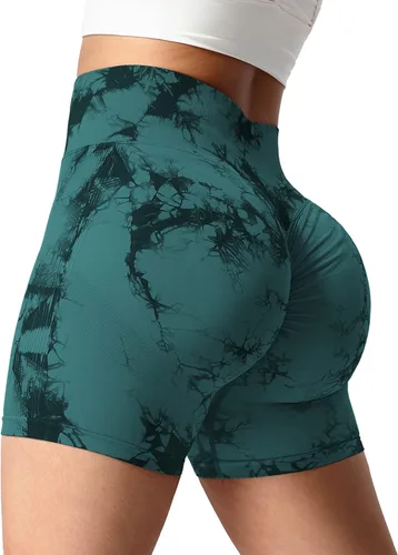 Vista 2 de VOYJOY Pantalones cortos de ciclismo de cintura alta para mujer, sin costuras, con contorno de sonrisa, para entrenamiento, yoga, con levantamiento