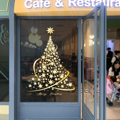 Vista 3 de Cityhermit Calcomanías de Árbol de Navidad para Ventanas de Vidrio, Calcomanías Estáticas Extra Grandes Doradas para Ventanas de Navidad, Calcomanía