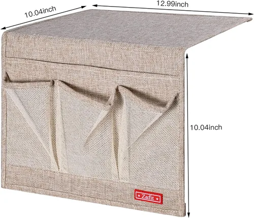 Vista 3 de Zafit Organizador de cama de lino con 4 bolsillos, organizador de almacenamiento para revistas, mandos a distancia, teléfono