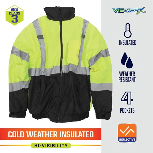 Vista 2 de Chaqueta Hi-Vis Deluxe para clima frío - ANSI CL2 - Chaqueta reflectante de seguridad para áreas de trabajo, construcción y alto tráfico
