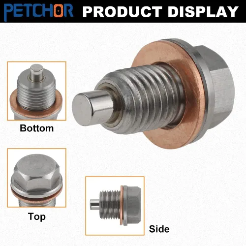 Vista 5 de Tapón magnético de drenaje de aceite de acero inoxidable M12 x 1.5, bandeja del motor con arandela de cobre e imán de neodimio, compatible