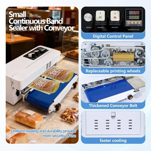Vista 4 de Máquina selladora térmica comercial, máquina automática de sellado continuo de bandas de bolsas con control digital de temperatura, velocidad