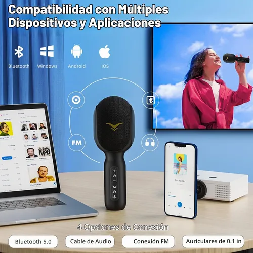 Vista 3 de Micrófono inalámbrico Bluetooth para karaoke, micrófono portátil 5 en 1 con altavoz y luces RGB dinámicas, mini máquina de karaoke para viajes