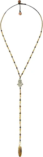 Vista 2 de AeraVida Elegante collar de Lariat de cuerda de algodón de ojo de tigre de mano de protección de Hamsa, Resina, Ojo de tigre