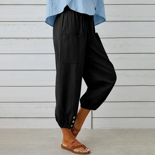 Vista 3 de Pantalones capri de cintura alta con cordón y botón de algodón suelto casual con bolsillos para mujer