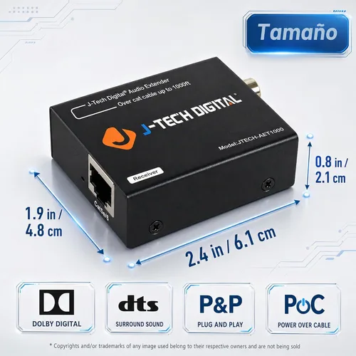 Vista 2 de J-Tech Digital Convertidor extensor de audio digital para audio óptico/coaxial a través de un solo cable Cat5e/6 (PoC) hasta 990' (984.3 ft)