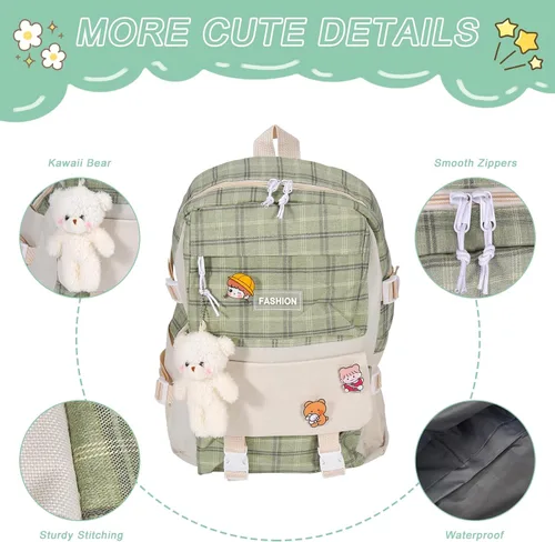 Vista 4 de Juego de 5 mochilas escolares de lona con colgante de oso kawaii, lindos alfileres a cuadros, asa a cuadros, bolsa de hombro