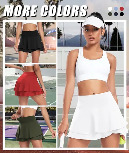 Vista 4 de EARKOHA Falda pantalón de tenis para mujer, falda de golf atlética, de cintura alta, para correr, pantalones cortos integrados con 2 bolsillos