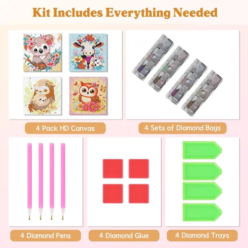 Vista 5 de Paquete de 4 kits de arte de diamantes para niños y adultos principiantes, kits de pintura de diamantes de dibujos animados 5D para niños, kits