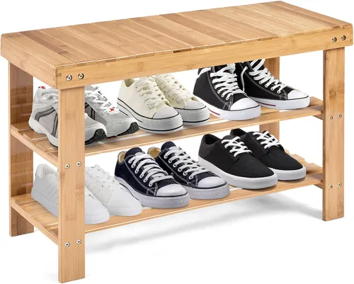 Vista 8 de Giantex Banco de zapatos de entrada, organizador de zapatos de bambú con capacidad para hasta 6 pares, 3 niveles de almacenamiento de zapatos Negro