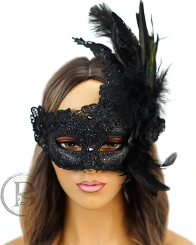 Vista 3 de Máscara de plumas burlesque, máscara de encaje de Mardi Gras para mujer, disfraz de plumas de pavo real, máscara de brocado veneciano