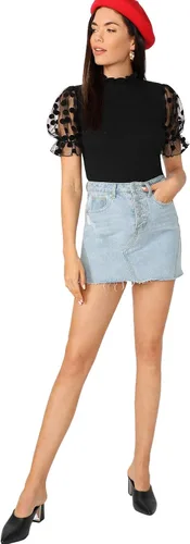 Vista 5 de OYOANGLE Blusa casual de verano de manga corta con encaje y cuello alto falso para mujer