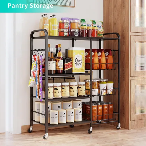 Vista 4 de HapiRm - Carrito rodante de cocina con microondas de 4 niveles - Soporte de mesa para microondas con cestas extraíbles, estante de almacenamiento
