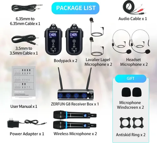 Vista 7 de Sistema de micrófono inalámbrico recargable profesional de 4 canales, auriculares de mano de metal UHF Lavalier con control VOL, frecuencia