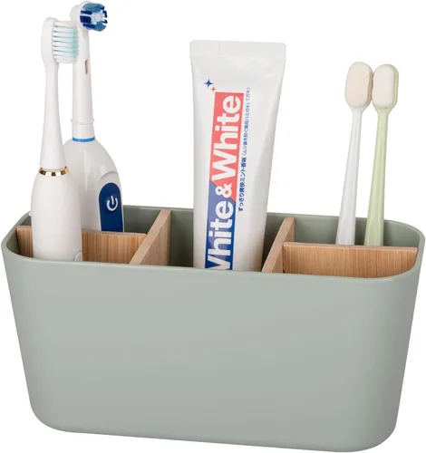 Vista 9 de Portacepillos de dientes para baños, soporte para cepillos de dientes de bambú con 5 ranuras, organizador de tocador de baño para encimera