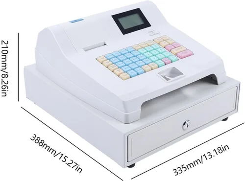 Vista 7 de Caja registradora electrónica con cajón, esquinas redondas, panel frontal de acero inoxidable, cuatro compartimentos con clips para dinero y cinco