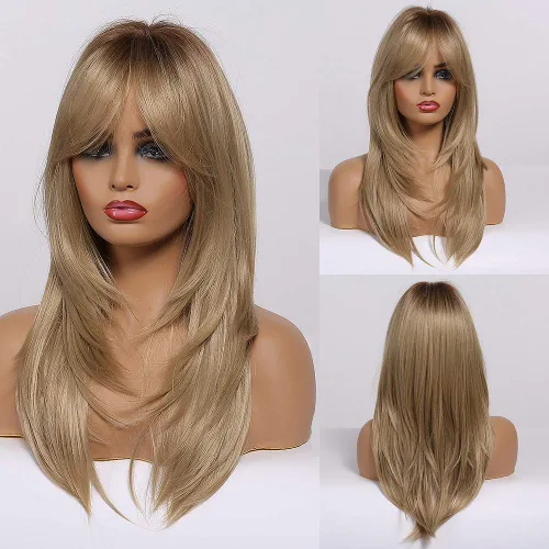 Vista 15 de HAIRCUBE Pelucas Auburn para Mujeres, Pelucas Largas en Capas Naranjas con Flequillo, Pelucas de Fibra Sintética Resistentes al Calor