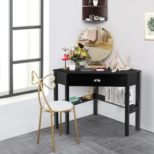 Vista 7 de RELAX4LIFE Escritorio esquinero para computadora triangular con cajón y estantes, mesa estable para computadora portátil, escritorio para oficina