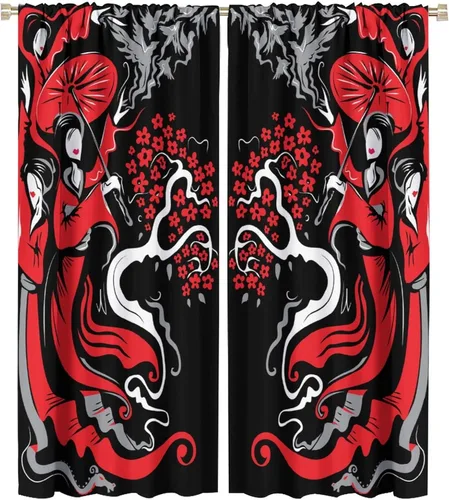 Vista 16 de Cortinas de estilo japonés, Kyoto Geisha Girls Asian Ink Painting - Cortinas de tela de poliéster con estampado de Japón antiguo para dormitorio