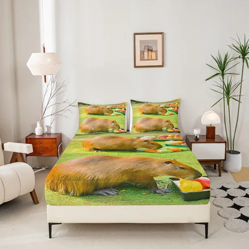 Vista 2 de Capybara - Juego de sábanas bajeras de tamaño individual para niños, amantes de los animales, para niños, adolescentes, regalos para amantes