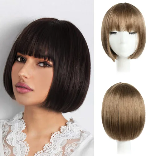Vista 12 de Pelucas Bob con flequillo, peluca de cabello castaño rojizo de 10 Caoba