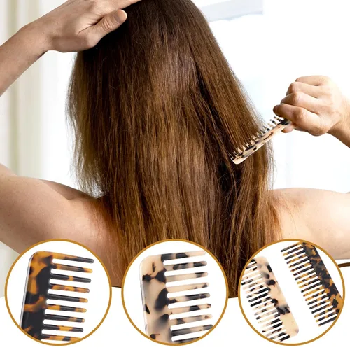 Vista 3 de Peine desenredante grande de dientes anchos para cabello grueso, rizado y ondulado, paquete de 2 peines desenredantes de acetato para húmedo y seco