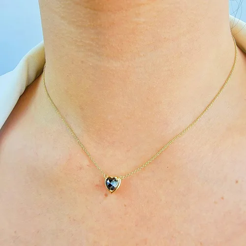 Vista 2 de 18K Solid Yellow Gold Genuine Gemstone Choker Necklace, 15 inches Chain Pendant Dainty Necklace gift for her